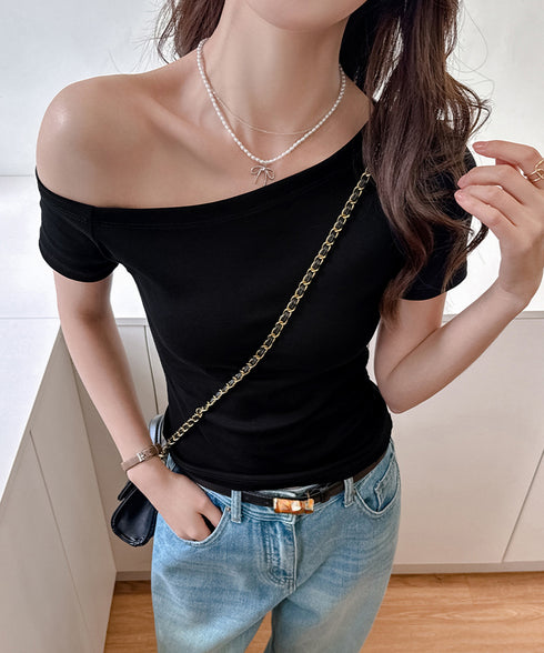 ワンショルダーTシャツオフショルダー夏服 レディース 片肩オフショルカットソー 無地 大人カジュアル セクシー tシャツ お洒落 夏トップス 肩出しカットソー半袖 83LYQYZ-002