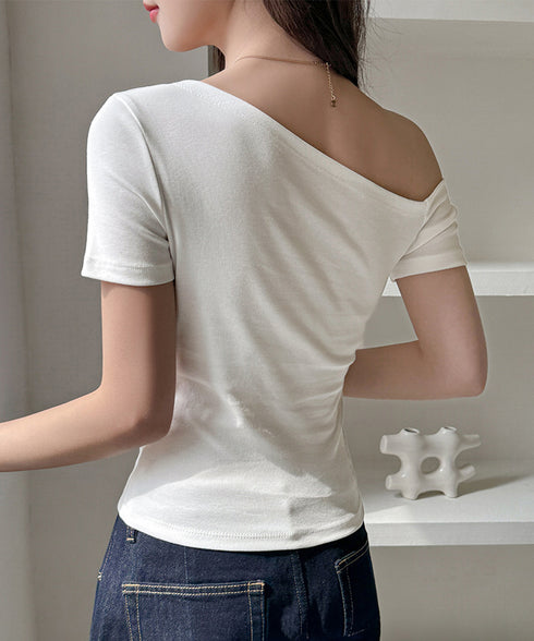 ワンショルダーTシャツオフショルダー夏服 レディース 片肩オフショルカットソー 無地 大人カジュアル セクシー tシャツ お洒落 夏トップス 肩出しカットソー半袖 83LYQYZ-002