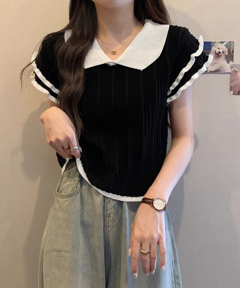 フリル袖サマーニット ポロブラウス配色襟 レディース ショート丈ニットトップス カジュアル 薄手ニットTシャツ 大人可愛い 着やせニットプルオーバー夏 ポロシャツ 83MEIYIM-001