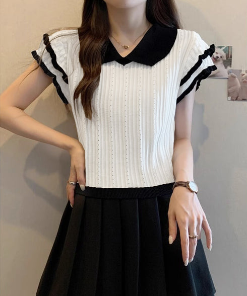 フリル袖サマーニット ポロブラウス配色襟 レディース ショート丈ニットトップス カジュアル 薄手ニットTシャツ 大人可愛い 着やせニットプルオーバー夏 ポロシャツ 83MEIYIM-001