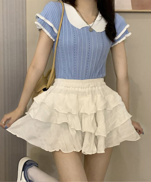 フリル袖サマーニット ポロブラウス配色襟 レディース ショート丈ニットトップス カジュアル 薄手ニットTシャツ 大人可愛い 着やせニットプルオーバー夏 ポロシャツ 83MEIYIM-001