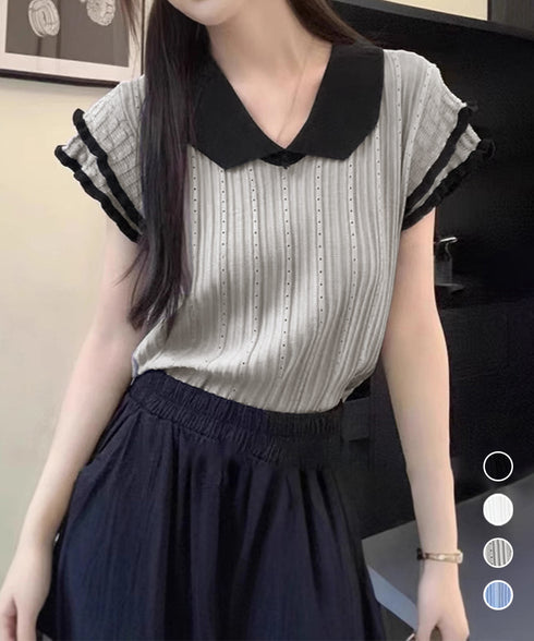 フリル袖サマーニット ポロブラウス配色襟 レディース ショート丈ニットトップス カジュアル 薄手ニットTシャツ 大人可愛い 着やせニットプルオーバー夏 ポロシャツ 83MEIYIM-001
