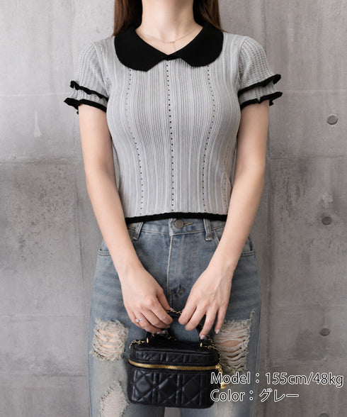 フリル袖サマーニット ポロブラウス配色襟 レディース ショート丈ニットトップス カジュアル 薄手ニットTシャツ 大人可愛い 着やせニットプルオーバー夏 ポロシャツ 83MEIYIM-001