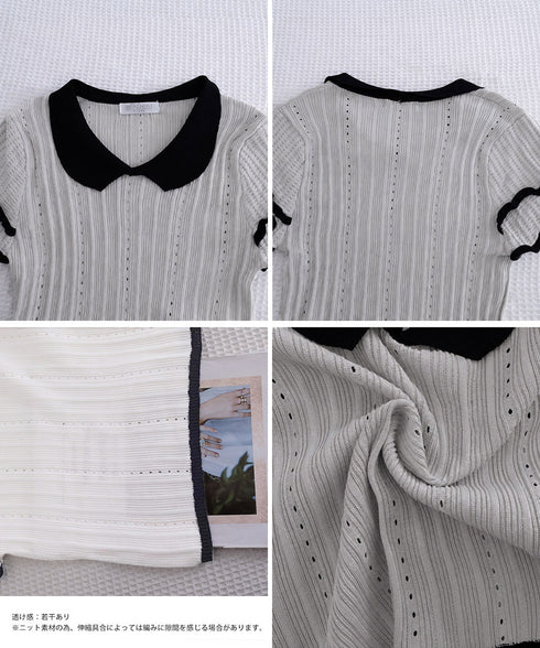 フリル袖サマーニット ポロブラウス配色襟 レディース ショート丈ニットトップス カジュアル 薄手ニットTシャツ 大人可愛い 着やせニットプルオーバー夏 ポロシャツ 83MEIYIM-001