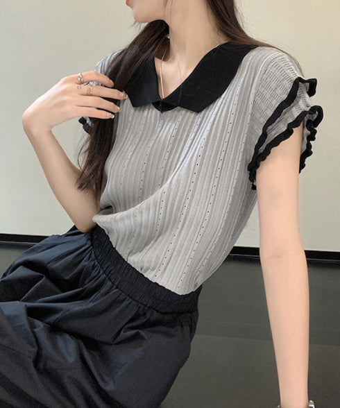 フリル袖サマーニット ポロブラウス配色襟 レディース ショート丈ニットトップス カジュアル 薄手ニットTシャツ 大人可愛い 着やせニットプルオーバー夏 ポロシャツ 83MEIYIM-001