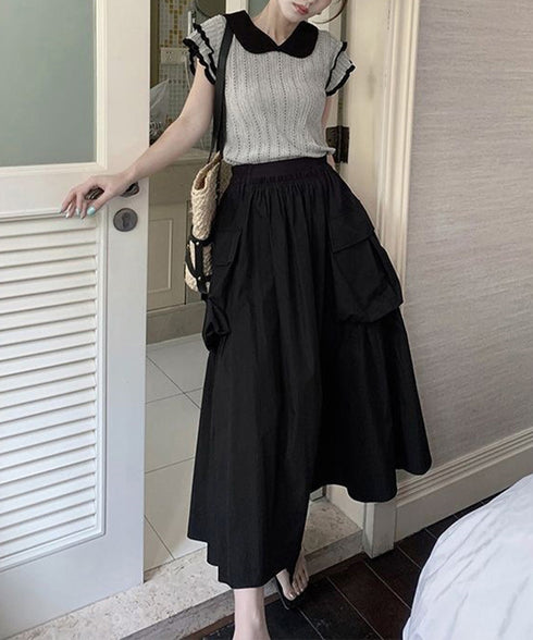 フリル袖サマーニット ポロブラウス配色襟 レディース ショート丈ニットトップス カジュアル 薄手ニットTシャツ 大人可愛い 着やせニットプルオーバー夏 ポロシャツ 83MEIYIM-001