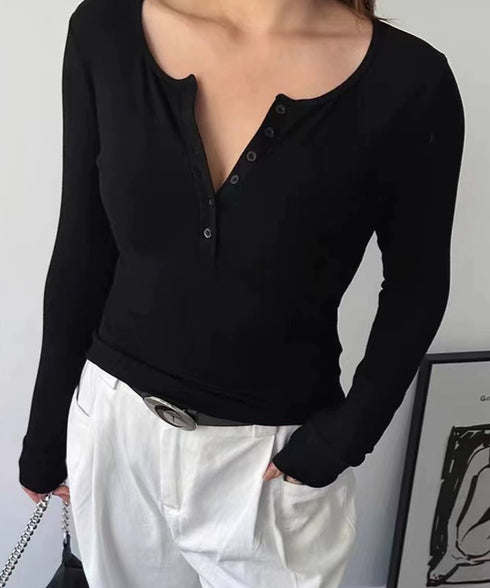 ハーフボタンカットソー長袖タイトtシャツ レディースヘンリーネックプルオーバー シンプル細見えTシャツ 着回しベーシックインナートップス フィットカットソー着やせ 83MIKE-001