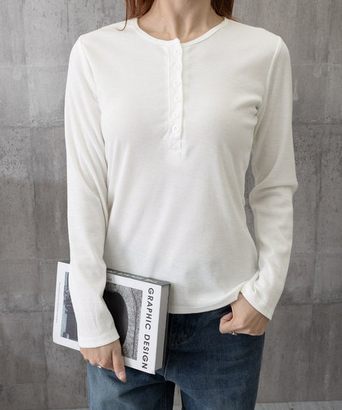 ハーフボタンカットソー長袖タイトtシャツ レディースヘンリーネックプルオーバー シンプル細見えTシャツ 着回しベーシックインナートップス フィットカットソー着やせ 83MIKE-001