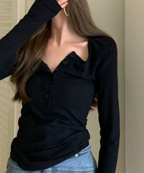 ハーフボタンカットソー長袖タイトtシャツ レディースヘンリーネックプルオーバー シンプル細見えTシャツ 着回しベーシックインナートップス フィットカットソー着やせ 83MIKE-001