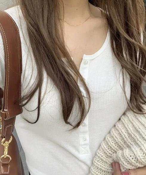 ハーフボタンカットソー長袖タイトtシャツ レディースヘンリーネックプルオーバー シンプル細見えTシャツ 着回しベーシックインナートップス フィットカットソー着やせ 83MIKE-001