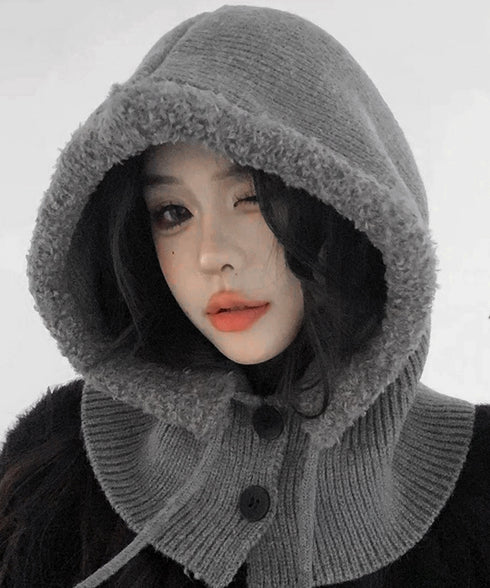 バラクラバニット帽ネックウォーマー一体型 暖かいフードウォーマー ボア防寒帽子耳当て付き 韓国風小顔帽子 可愛いペアルック帽子 防風ニットキャップ フードマフラー 83MQDZ-001