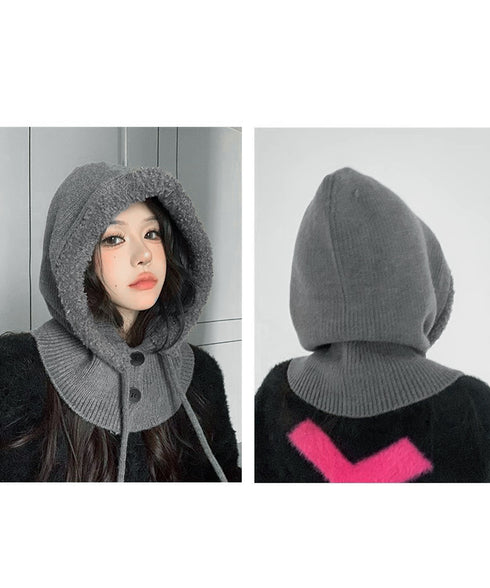 バラクラバニット帽ネックウォーマー一体型 暖かいフードウォーマー ボア防寒帽子耳当て付き 韓国風小顔帽子 可愛いペアルック帽子 防風ニットキャップ フードマフラー 83MQDZ-001