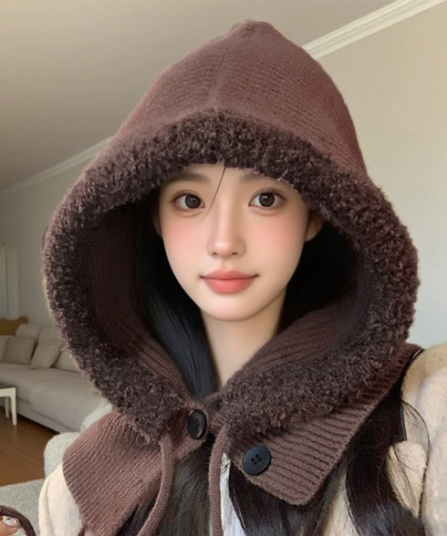 バラクラバニット帽ネックウォーマー一体型 暖かいフードウォーマー ボア防寒帽子耳当て付き 韓国風小顔帽子 可愛いペアルック帽子 防風ニットキャップ フードマフラー 83MQDZ-001