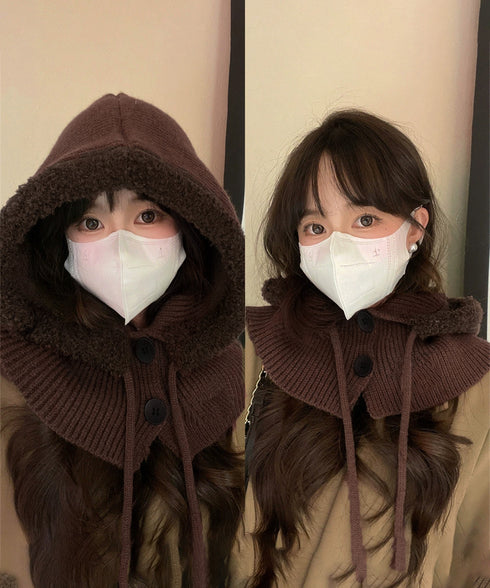 バラクラバニット帽ネックウォーマー一体型 暖かいフードウォーマー ボア防寒帽子耳当て付き 韓国風小顔帽子 可愛いペアルック帽子 防風ニットキャップ フードマフラー 83MQDZ-001