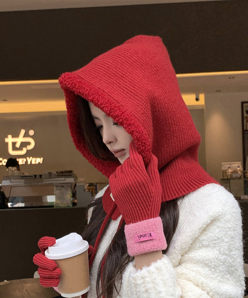 バラクラバニット帽ネックウォーマー一体型 暖かいフードウォーマー ボア防寒帽子耳当て付き 韓国風小顔帽子 可愛いペアルック帽子 防風ニットキャップ フードマフラー 83MQDZ-001