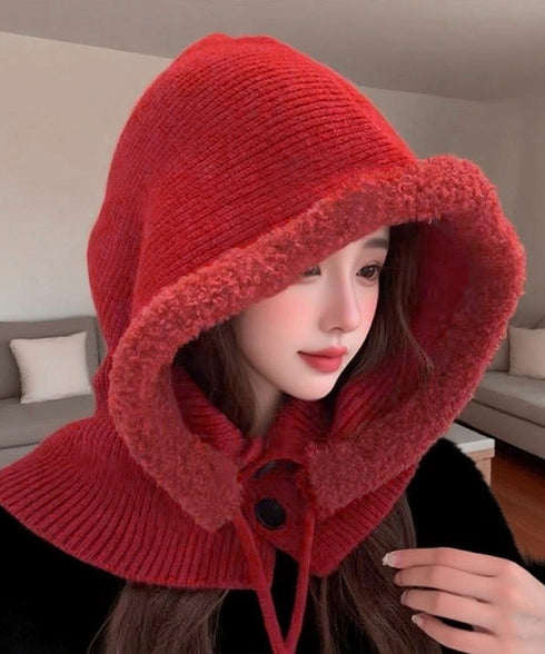 バラクラバニット帽ネックウォーマー一体型 暖かいフードウォーマー ボア防寒帽子耳当て付き 韓国風小顔帽子 可愛いペアルック帽子 防風ニットキャップ フードマフラー 83MQDZ-001