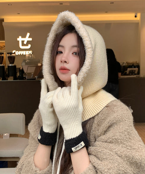 バラクラバニット帽ネックウォーマー一体型 暖かいフードウォーマー ボア防寒帽子耳当て付き 韓国風小顔帽子 可愛いペアルック帽子 防風ニットキャップ フードマフラー 83MQDZ-001