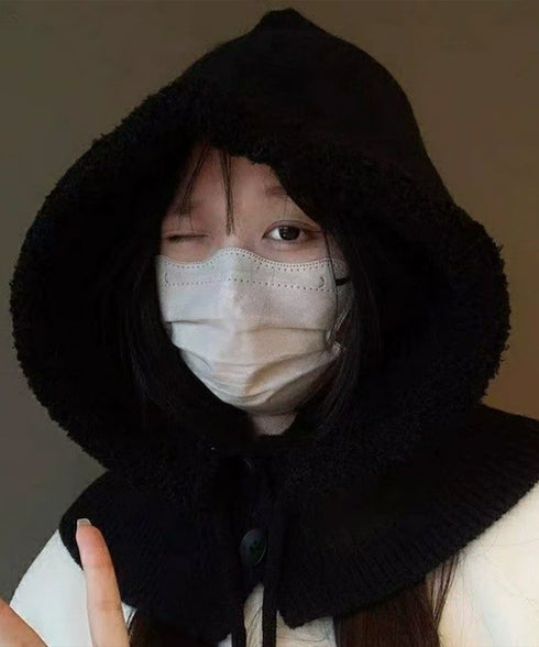 バラクラバニット帽ネックウォーマー一体型 暖かいフードウォーマー ボア防寒帽子耳当て付き 韓国風小顔帽子 可愛いペアルック帽子 防風ニットキャップ フードマフラー 83MQDZ-001