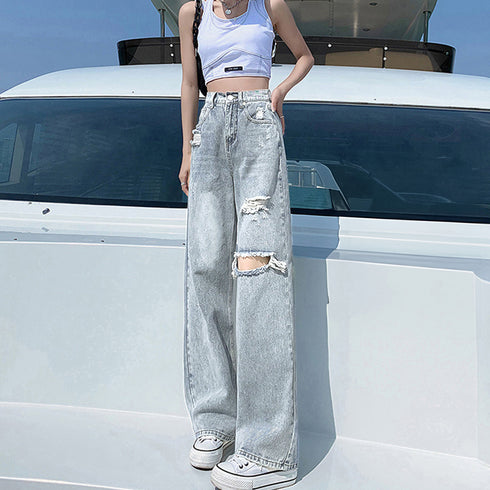 ダメージ デニムパンツ ハイウエスト韓国 ゆったり セミワイドパンツ 体型カバー ジーンズ おしゃれ レディース 美脚ジーパン カジュアルロングパンツ ストレート 83MTAI-001