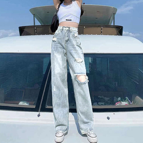 ダメージ デニムパンツ ハイウエスト韓国 ゆったり セミワイドパンツ 体型カバー ジーンズ おしゃれ レディース 美脚ジーパン カジュアルロングパンツ ストレート 83MTAI-001