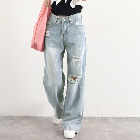 ダメージ デニムパンツ ハイウエスト韓国 ゆったり セミワイドパンツ 体型カバー ジーンズ おしゃれ レディース 美脚ジーパン カジュアルロングパンツ ストレート 83MTAI-001