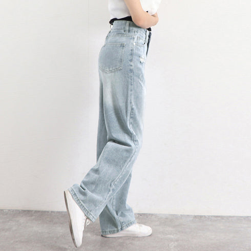 ダメージ デニムパンツ ハイウエスト韓国 ゆったり セミワイドパンツ 体型カバー ジーンズ おしゃれ レディース 美脚ジーパン カジュアルロングパンツ ストレート 83MTAI-001