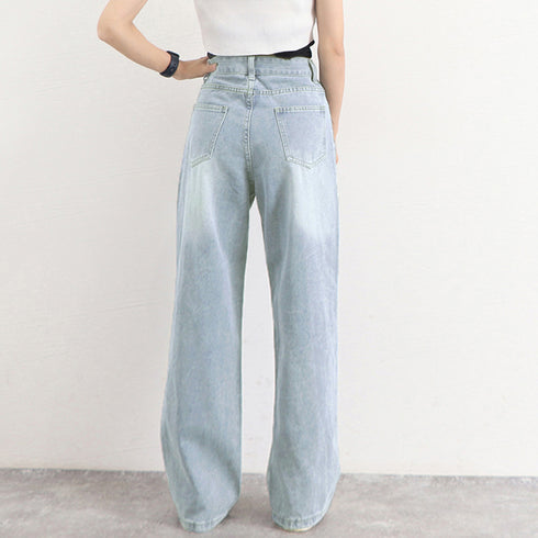 ダメージ デニムパンツ ハイウエスト韓国 ゆったり セミワイドパンツ 体型カバー ジーンズ おしゃれ レディース 美脚ジーパン カジュアルロングパンツ ストレート 83MTAI-001