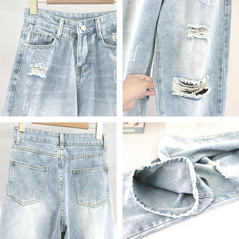 ダメージ デニムパンツ ハイウエスト韓国 ゆったり セミワイドパンツ 体型カバー ジーンズ おしゃれ レディース 美脚ジーパン カジュアルロングパンツ ストレート 83MTAI-001