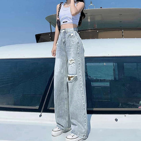 ダメージ デニムパンツ ハイウエスト韓国 ゆったり セミワイドパンツ 体型カバー ジーンズ おしゃれ レディース 美脚ジーパン カジュアルロングパンツ ストレート 83MTAI-001