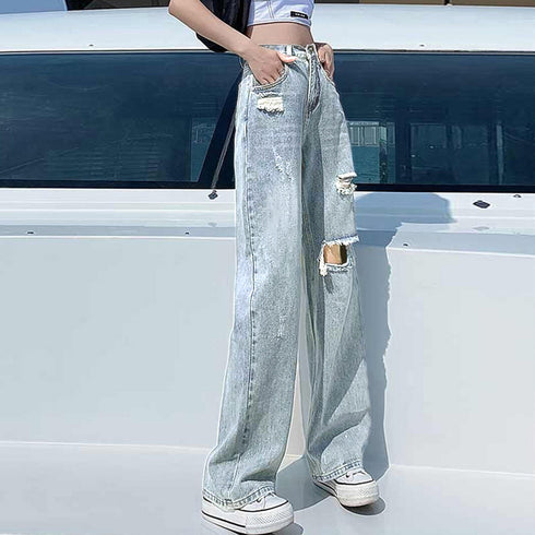 ダメージ デニムパンツ ハイウエスト韓国 ゆったり セミワイドパンツ 体型カバー ジーンズ おしゃれ レディース 美脚ジーパン カジュアルロングパンツ ストレート 83MTAI-001