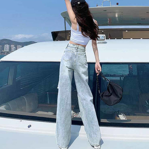 ダメージ デニムパンツ ハイウエスト韓国 ゆったり セミワイドパンツ 体型カバー ジーンズ おしゃれ レディース 美脚ジーパン カジュアルロングパンツ ストレート 83MTAI-001