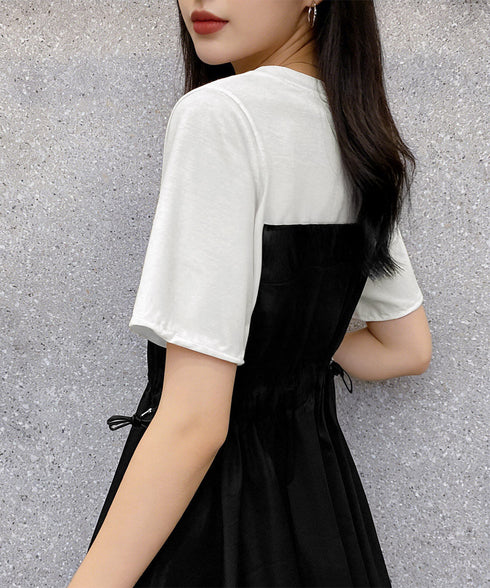 ドッキングペプラムブラウス 半袖トップス レディース ウエストマーク レイヤード風夏服 大人可愛い ウエストギャザートップス 体型カバーカットソーフレアシルエット 83MTHXZ-001