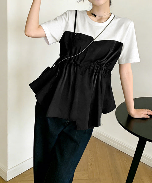 ドッキングペプラムブラウス 半袖トップス レディース ウエストマーク レイヤード風夏服 大人可愛い ウエストギャザートップス 体型カバーカットソーフレアシルエット 83MTHXZ-001