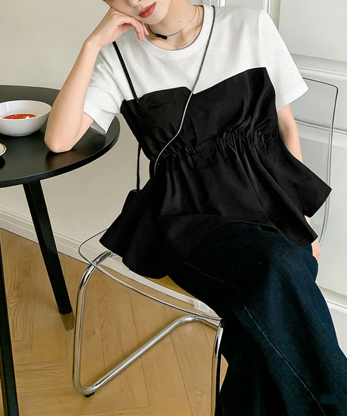 ドッキングペプラムブラウス 半袖トップス レディース ウエストマーク レイヤード風夏服 大人可愛い ウエストギャザートップス 体型カバーカットソーフレアシルエット 83MTHXZ-001