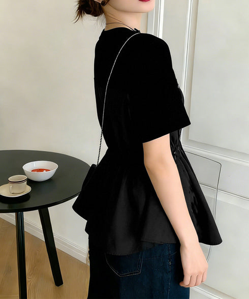 ドッキングペプラムブラウス 半袖トップス レディース ウエストマーク レイヤード風夏服 大人可愛い ウエストギャザートップス 体型カバーカットソーフレアシルエット 83MTHXZ-001