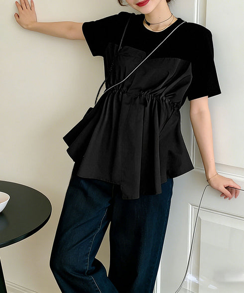 ドッキングペプラムブラウス 半袖トップス レディース ウエストマーク レイヤード風夏服 大人可愛い ウエストギャザートップス 体型カバーカットソーフレアシルエット 83MTHXZ-001