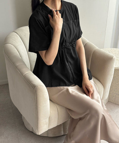 ドッキングペプラムブラウス 半袖トップス レディース ウエストマーク レイヤード風夏服 大人可愛い ウエストギャザートップス 体型カバーカットソーフレアシルエット 83MTHXZ-001