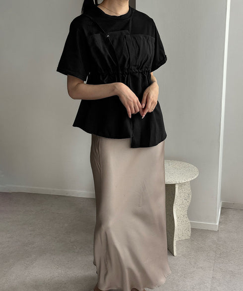 ドッキングペプラムブラウス 半袖トップス レディース ウエストマーク レイヤード風夏服 大人可愛い ウエストギャザートップス 体型カバーカットソーフレアシルエット 83MTHXZ-001