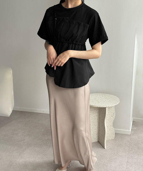 ドッキングペプラムブラウス 半袖トップス レディース ウエストマーク レイヤード風夏服 大人可愛い ウエストギャザートップス 体型カバーカットソーフレアシルエット 83MTHXZ-001