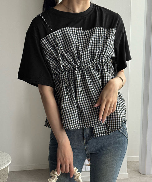 ドッキングペプラムブラウス 半袖トップス レディース ウエストマーク レイヤード風夏服 大人可愛い ウエストギャザートップス 体型カバーカットソーフレアシルエット 83MTHXZ-001