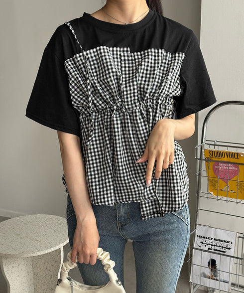 ドッキングペプラムブラウス 半袖トップス レディース ウエストマーク レイヤード風夏服 大人可愛い ウエストギャザートップス 体型カバーカットソーフレアシルエット 83MTHXZ-001