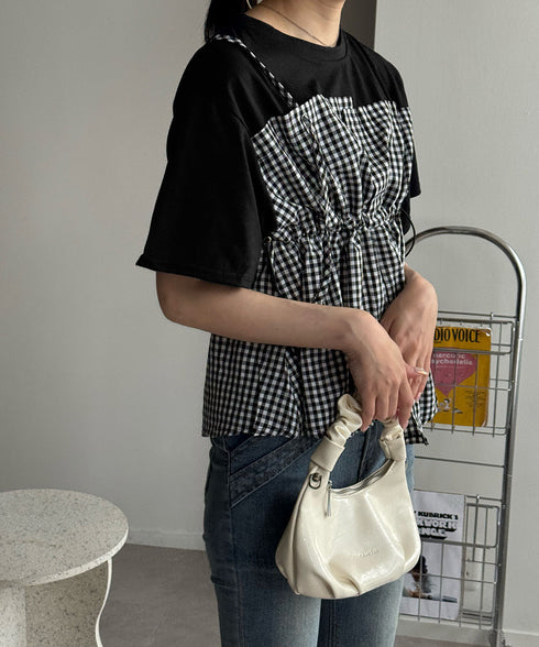 ドッキングペプラムブラウス 半袖トップス レディース ウエストマーク レイヤード風夏服 大人可愛い ウエストギャザートップス 体型カバーカットソーフレアシルエット 83MTHXZ-001