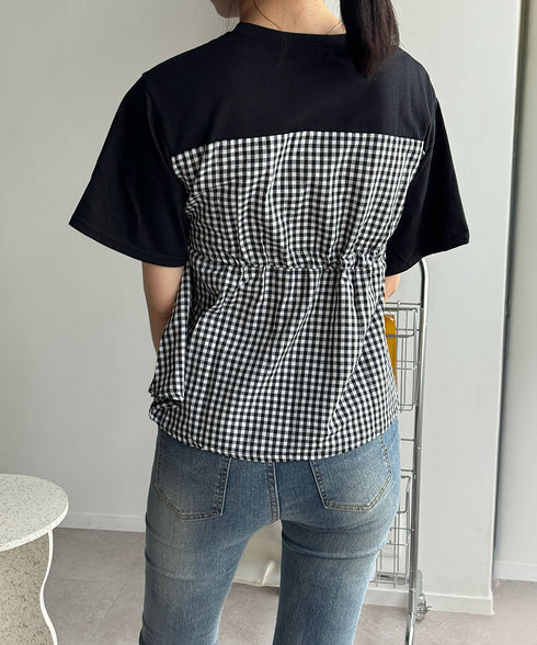 ドッキングペプラムブラウス 半袖トップス レディース ウエストマーク レイヤード風夏服 大人可愛い ウエストギャザートップス 体型カバーカットソーフレアシルエット 83MTHXZ-001