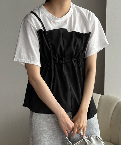 ドッキングペプラムブラウス 半袖トップス レディース ウエストマーク レイヤード風夏服 大人可愛い ウエストギャザートップス 体型カバーカットソーフレアシルエット 83MTHXZ-001