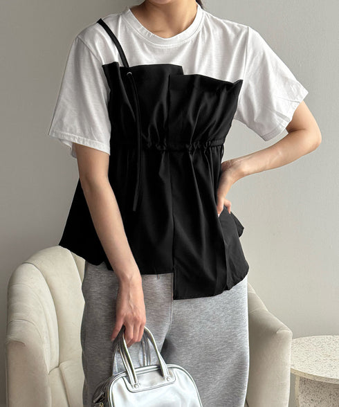 ドッキングペプラムブラウス 半袖トップス レディース ウエストマーク レイヤード風夏服 大人可愛い ウエストギャザートップス 体型カバーカットソーフレアシルエット 83MTHXZ-001
