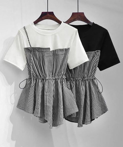 ドッキングペプラムブラウス 半袖トップス レディース ウエストマーク レイヤード風夏服 大人可愛い ウエストギャザートップス 体型カバーカットソーフレアシルエット 83MTHXZ-001