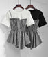 ドッキングペプラムブラウス 半袖トップス レディース ウエストマーク レイヤード風夏服 大人可愛い ウエストギャザートップス 体型カバーカットソーフレアシルエット 83MTHXZ-001