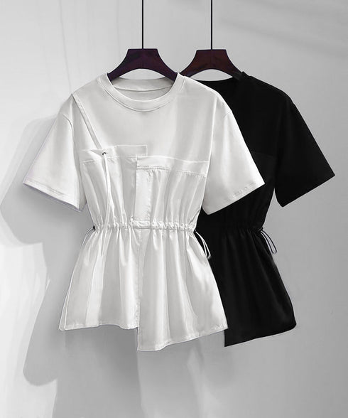 ドッキングペプラムブラウス 半袖トップス レディース ウエストマーク レイヤード風夏服 大人可愛い ウエストギャザートップス 体型カバーカットソーフレアシルエット 83MTHXZ-001
