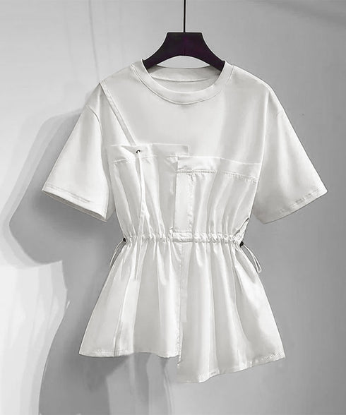 ドッキングペプラムブラウス 半袖トップス レディース ウエストマーク レイヤード風夏服 大人可愛い ウエストギャザートップス 体型カバーカットソーフレアシルエット 83MTHXZ-001