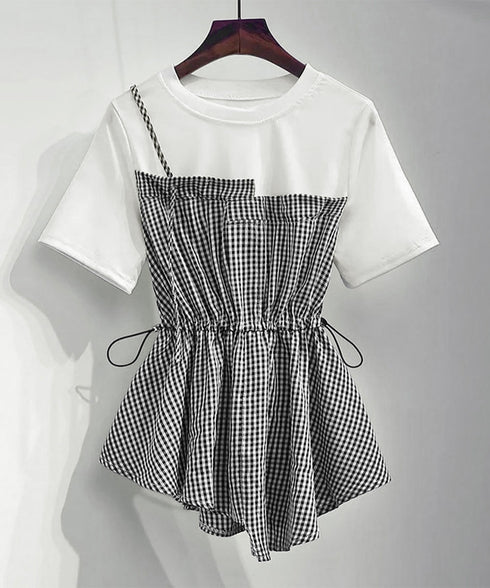 ドッキングペプラムブラウス 半袖トップス レディース ウエストマーク レイヤード風夏服 大人可愛い ウエストギャザートップス 体型カバーカットソーフレアシルエット 83MTHXZ-001